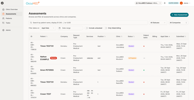The OccuMED assessments console, listing pre-employment medicals across clinics with their request type, booking status and billing state.